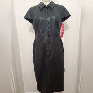 Y2K NWT Calvin Klein Black Pleather Button Up Dress. Size 10.